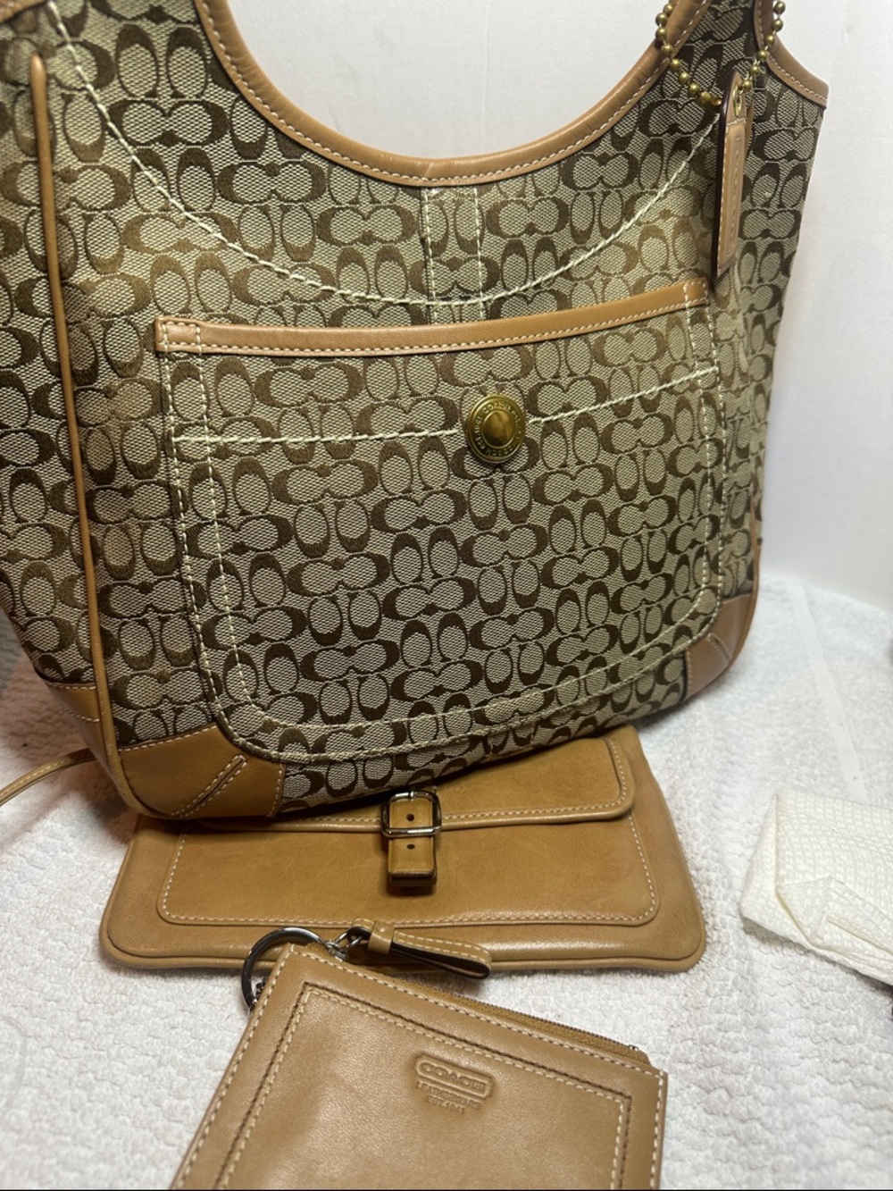 XL Coach Ergo Khaki Signature mini C’s Canvas Hobo Tote with Caramel Leather